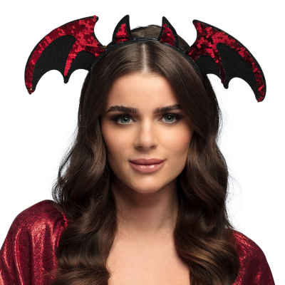 Tiara mit roten Teufelshörnern und schwarzen und roten Fledermausflügeln mit Glitzer
