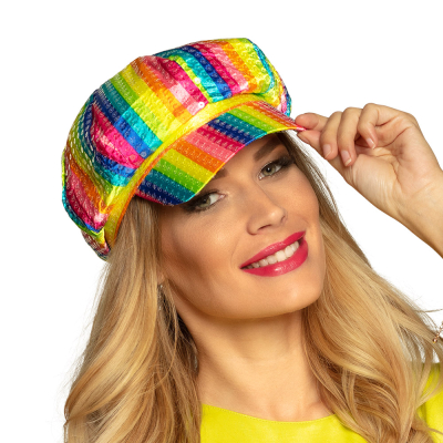 Cheerful retro rainbow cap with a bulbous shape and shiny sequins.