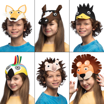 Boy and girl wear 6 different party hats in the shape of different animals such as a hedgehog, lion, parrot,crow, horse and fox.