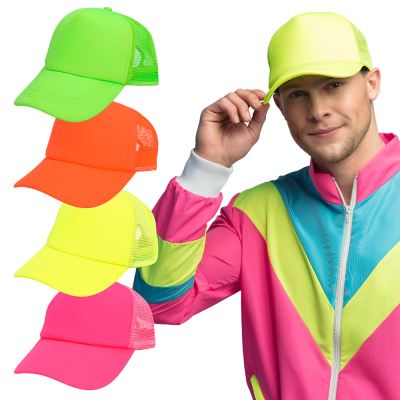 A smiling man in a neon pink retro tracksuit holds a neon yellow cap sitting on his head and next to him are pictures of the same cap in all available colours: neon yellow, neon green, neon pink and neon orange.