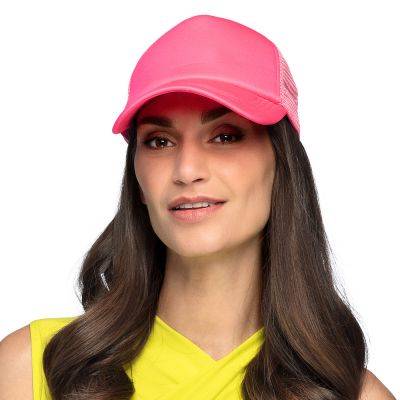 A woman with long black wavy hair is wearing a neon yellow top and has a neon pink baseball cap on.