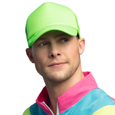 Smiling man in a neon pink retro tracksuit has a neon green cap on.