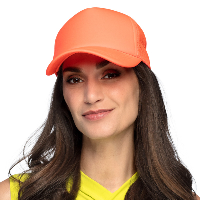 A woman with long black wavy hair is wearing a neon yellow top and has a neon orange baseball cap on.