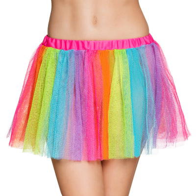 Half torso of a woman wearing a short tutu in the colours of the rainbow.