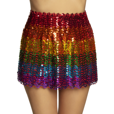 Half torso of a woman wearing a sequin miniskirt in rainbow colours.