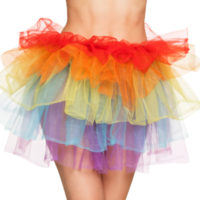 Half torso of a woman wearing a short poofy tutu in the colours of the rainbow.