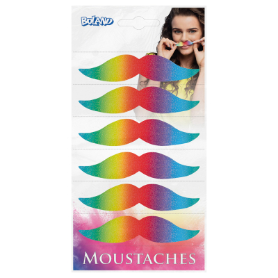 Lot de moustaches fantaisie boland arc-en-ciel comprenant 6 moustaches pailletées autocollantes aux couleurs de l'arc-en-ciel.