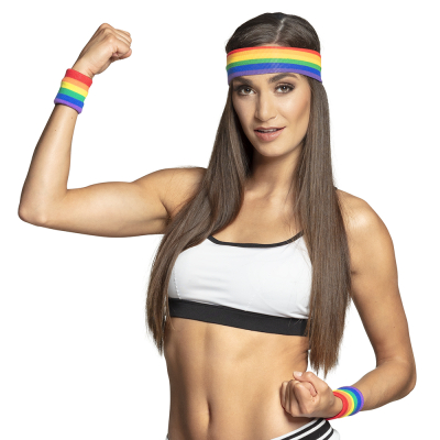 Set of 3 sweatbands in rainbow colours consisting of 1 headband and 2 bracelets.