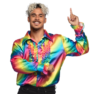 Dancing man wears a shiny party shirt in the colours of the rainbow.