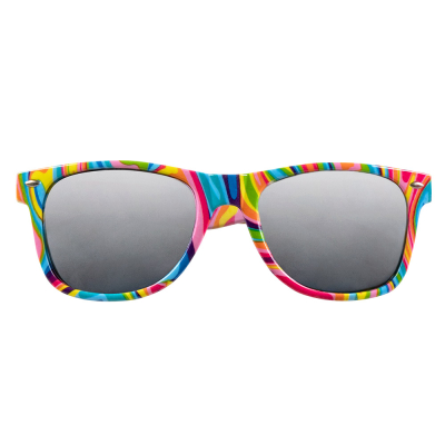 Een vrolijke partybril met een frame in allerlei vrolijke kleurtjes en donkere glazen.