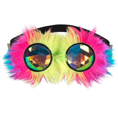 Een partybril met pluche haar in verschillende kleuren (roze, geel, blauw) rondom de bijzondere insectenglazen en een verstelbare zwarte elastieken band om de bril op te zetten.