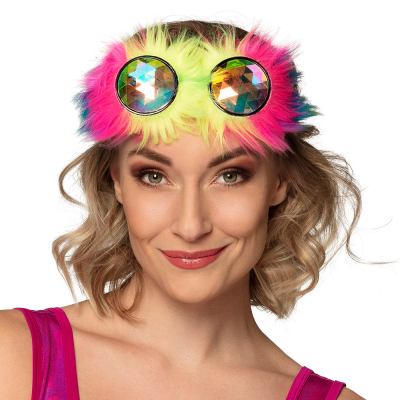 Een partybril met pluche haar in verschillende kleuren (roze, geel, blauw) rondom de bijzondere insectenglazen en een verstelbare zwarte elastieken band om de bril op te zetten.