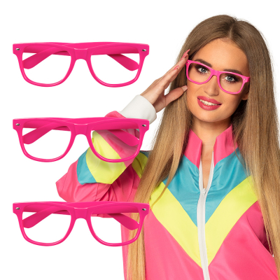 Woman wearing neon pink glasses without glasses and a retro tracksuit. Next to her are 3 neon pink glasses. 