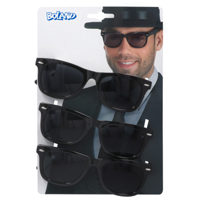 3 Black blues glasses on a packaging card. The card is printed with a picture of a man wearing black glasses, black hat and jacket. The card has a euro lock.