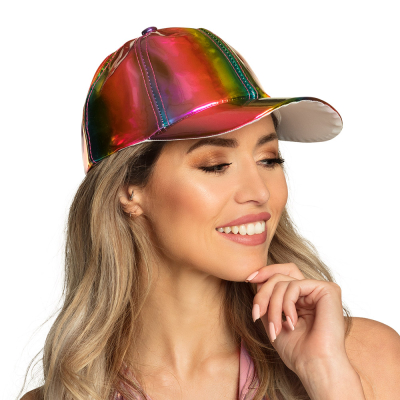 Holographic baseball cap with rainbow colours.
