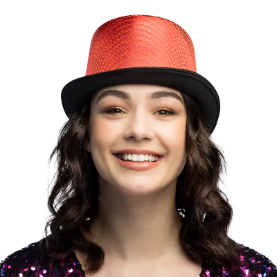 Woman wearing a red glittery top hat with black brim. The hat has a festive look and is perfect for carnival, theme parties or New Year's Eve celebrations.