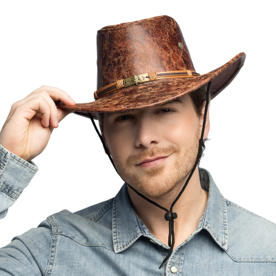 Man with brown cowboy hat with leather look and lace cord, great for a western party or costume party.