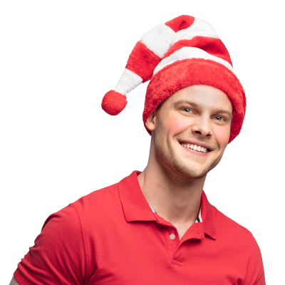 Man met rood/wit gestreepte pluche kerstmuts op zijn hoofd