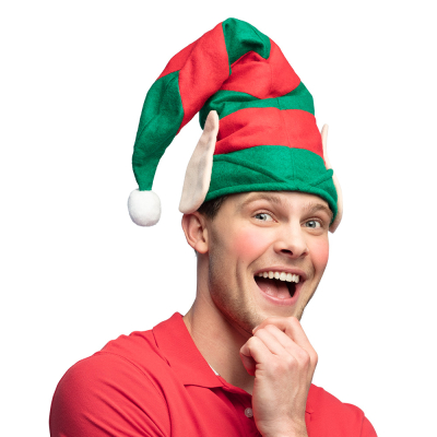 Man wearing red/green striped Santa hat with elf ears on his head.