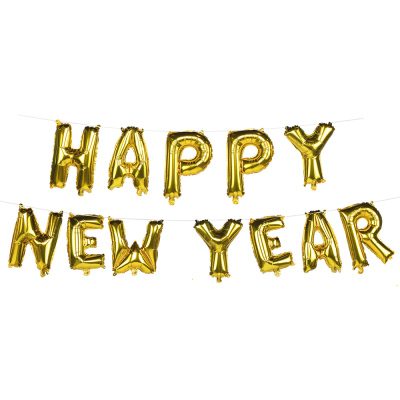Gold-coloured foil balloon garland with the text Happy New Year.