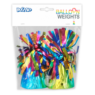 Packaging of a set of 2 balloon weights in metallic rainbow colours from Boland.