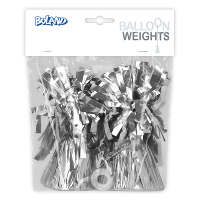 Packaging of a set with 2 silver balloon weights from Boland.