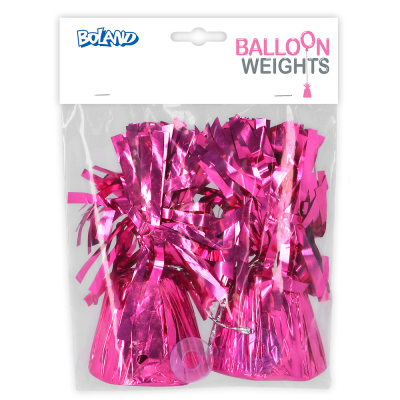 Packaging of a set with 2 dark pink metallic balloon weights from Boland.