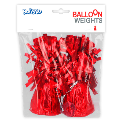 Verpakking van een set met 2 rood metallic ballongewichtjes van Boland.