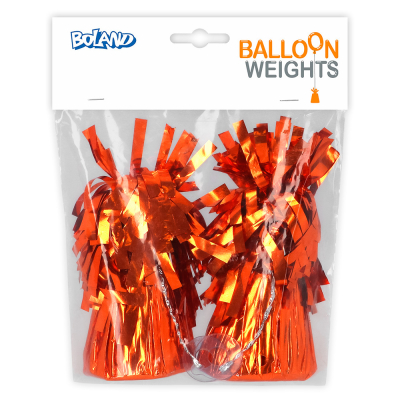 Verpackung eines Sets mit 2 orangefarbenen Metallic-Ballongewichten von Boland.