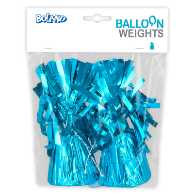 Verpakking van een set met 2 turquoise metallic ballongewichtjes van Boland.