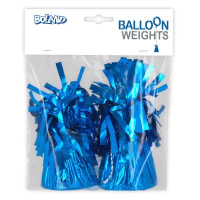 Verpakking van een set met 2 blauw metallic ballongewichtjes van Boland.
