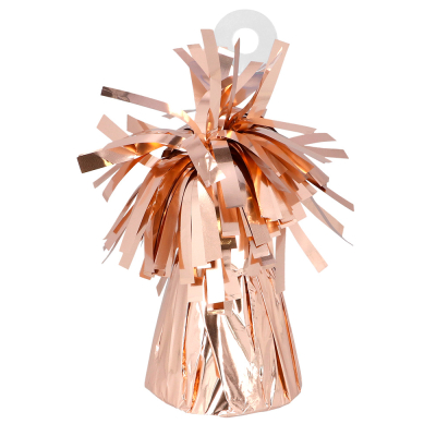 Rose gold balloon weight with a transparent hook for attaching balloons.