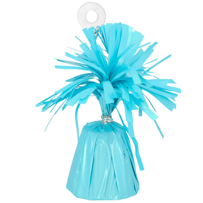 Light blue balloon weight with a transparent hook for attaching balloons.