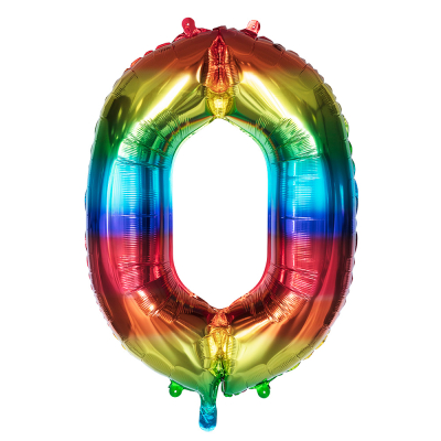 Regenboogkleurige folieballon in de vorm van het cijfer 0.