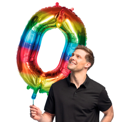 Rainbow-coloured foil balloon in the shape of the numeral 0.