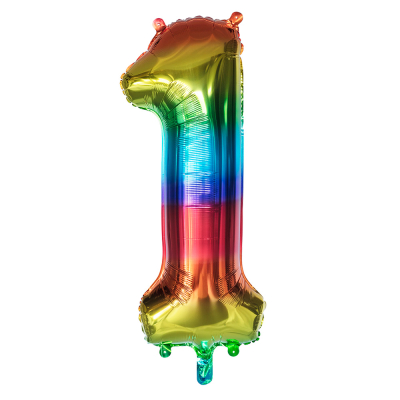 Regenboogkleurige folieballon in de vorm van het cijfer 1.