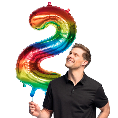 Rainbow-coloured foil balloon in the shape of the number 2.