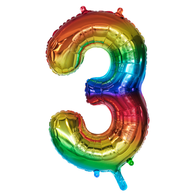 Regenboogkleurige folieballon in de vorm van het cijfer 3.
