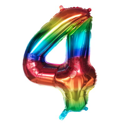 Regenboogkleurige folieballon in de vorm van het cijfer 4.