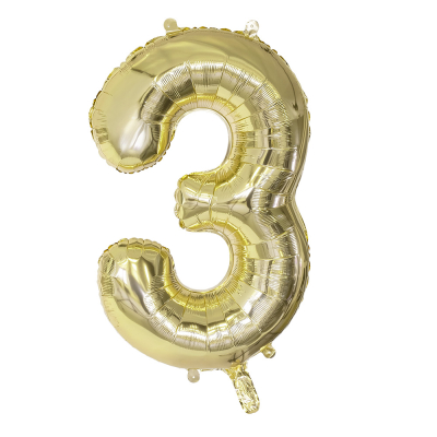 Gouden folieballon in de vorm van het cijfer 3.