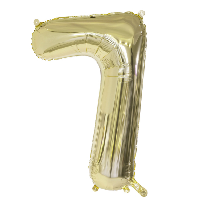 Gouden folieballon in de vorm van het cijfer 7.