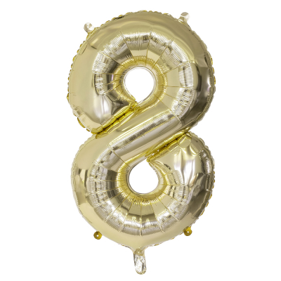 Gouden folieballon in de vorm van het cijfer 8.