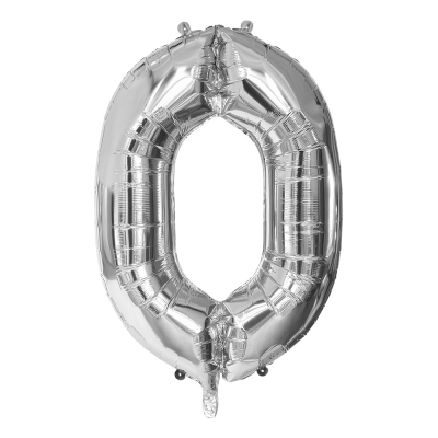 Zilveren folieballon in de vorm van het cijfer 0.