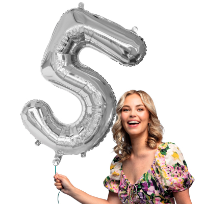 Silver foil balloon in the shape of the numeral 5.