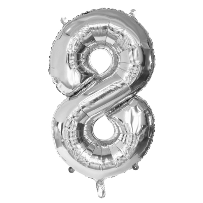 Zilveren folieballon in de vorm van het cijfer 8.