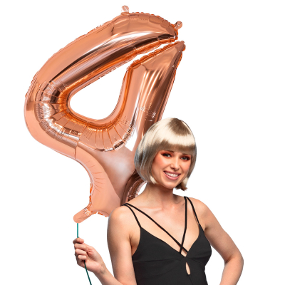 Pink gold foil balloon in the shape of the numeral 4.