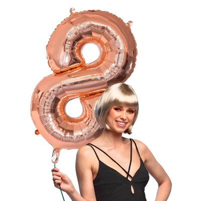 Pink gold foil balloon in the shape of the numeral 8.