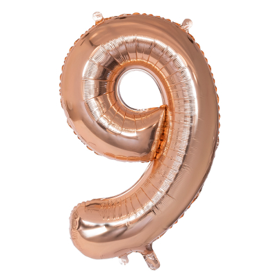 Rosé gouden folieballon in de vorm van het cijfer 9.