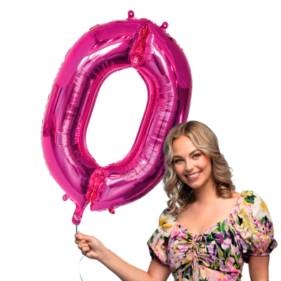 Pink foil balloon in the shape of the numeral 0.