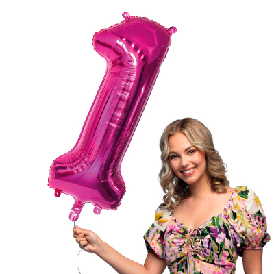 Pink foil balloon in the shape of the number 1.